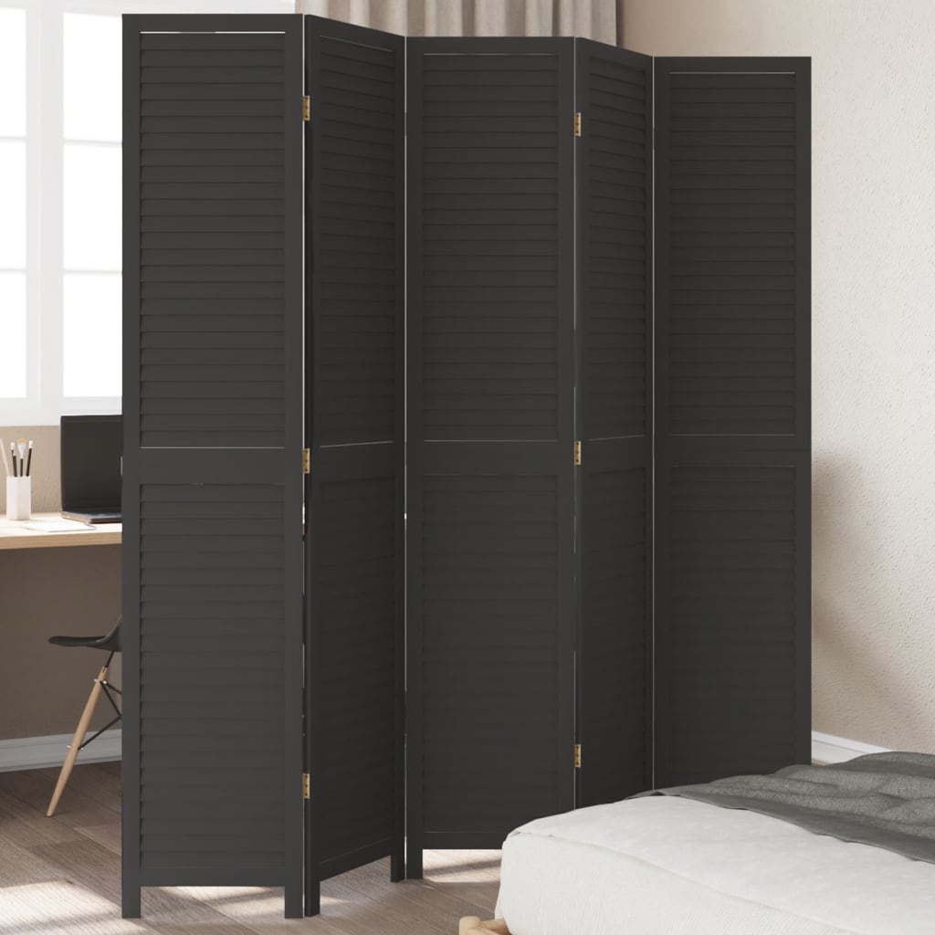 Room Divider 5 Panels Black Solid Wood Paulownia